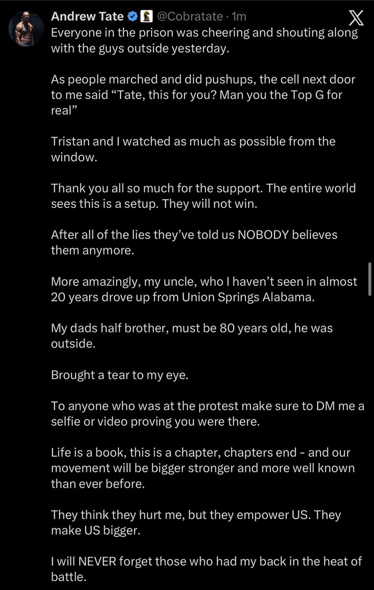 primetateHQ's tweet photo. 🚨JUST IN: Andrew Tate reacts to the fans who protested and did push-ups outside his jail yesterday. ❤️‍🔥👀

“Everyone in the prison was cheering and shouting along with the guys outside yesterday.”

“Thank you all so much for the support.”

“I will NEVER forget those who had my back in the heat of battle.”