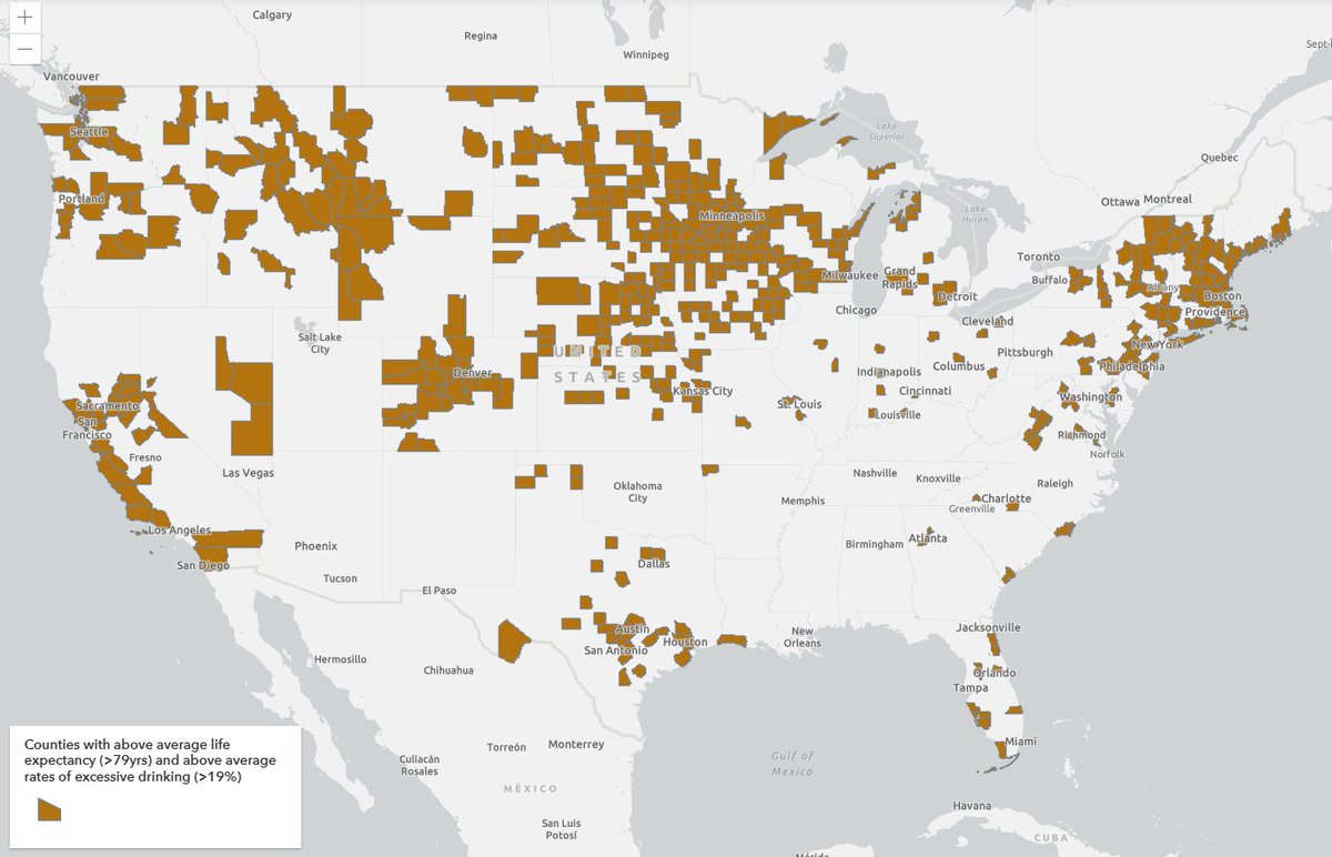 TownsUsa's tweet photo. Counties with above average life expectancy and above average rates of excessive drinking https://t.co/uPnypKuNj2