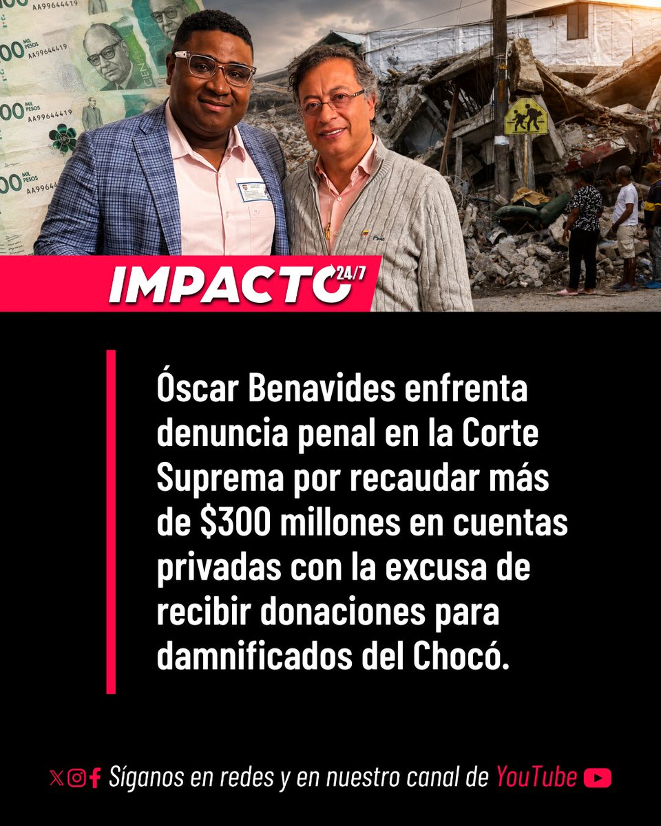 Impacto24_7's tweet photo. 🚨🇨🇴 PETRISTA DENUNCIADO | El representante Óscar Benavides fue denunciado ante la Corte Suprema de Justicia tras recolectar más de $300 millones, supuestamente para los afectados por el terremoto del 10 de agosto en el Chocó a través de cuentas bancarias personales y de particulares. Juristas y exfuncionarios como Francisco Barbosa señalan presunta captación masiva, estafa y lavado de activos, evidenciando cómo la izquierda no tiene reparo en instrumentalizar el dolor de las víctimas para sacar réditos económicos.