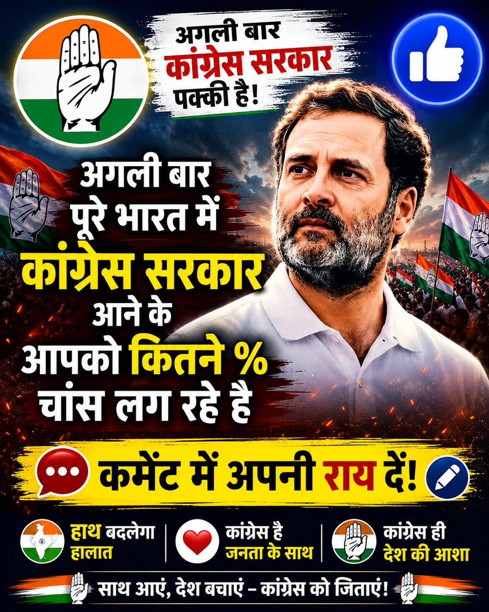 NewspressX's tweet photo. 🇮🇳 जनता की राय, लोकतंत्र की ताकत!

अगर अगली बार कांग्रेस की सरकार बनती है, तो आप उसे कितने प्रतिशत चांस देते हैं? 🤔

❤️ 75% से ज्यादा
🔥 50–75%
👍 25–50%
🤔 25% से कम

अपनी राय कमेंट में जरूर बताएं। �� https://t.co/yC2mC4DBT0