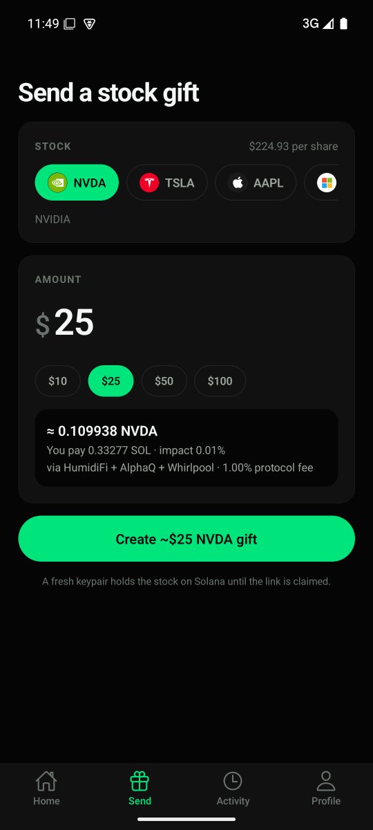 sendgiftrnow's tweet photo. The Giftr Android app is live.

Pick a ticker, pay in SOL, get a private claim link. They tap it and the share lands in their own wallet. No gas, no account.

These shots are from an Android emulator, but it is the exact same APK we ship. Install it on your own phone and try it yourself.

https://t.co/oIWgDqcDZx
