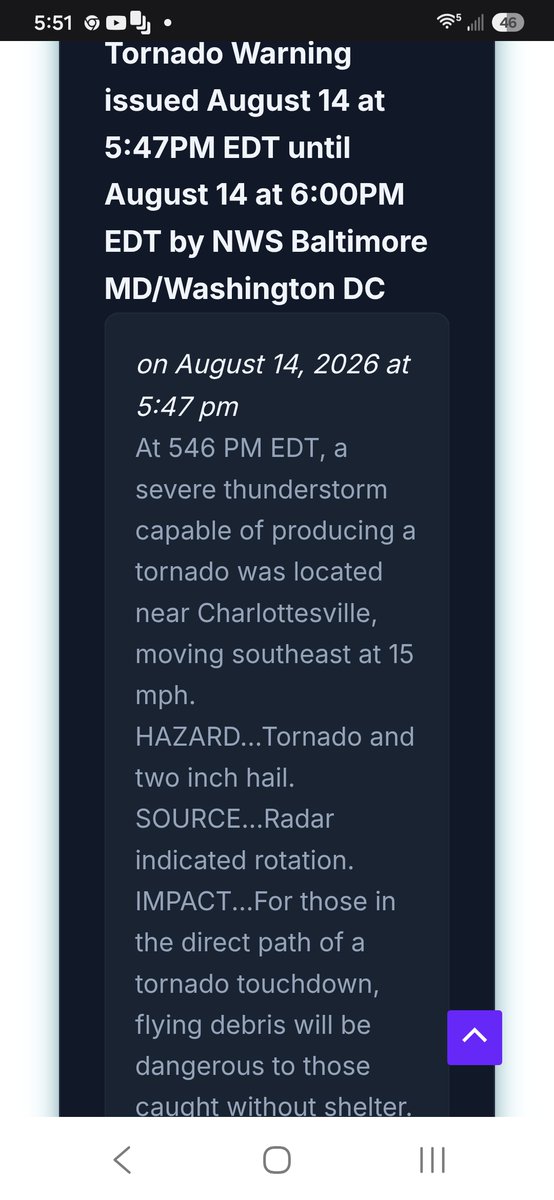 globalwxpro's tweet photo. #TornadoWarning #Tornado #wxtwitter
@NWStornado has issued a Tornado Warning effective for Charlottesville VA, University of Virginia VA and  Pantops VA until 6:00 PM EDT https://t.co/3QIHHFUfAw https://t.co/VExXojOAer