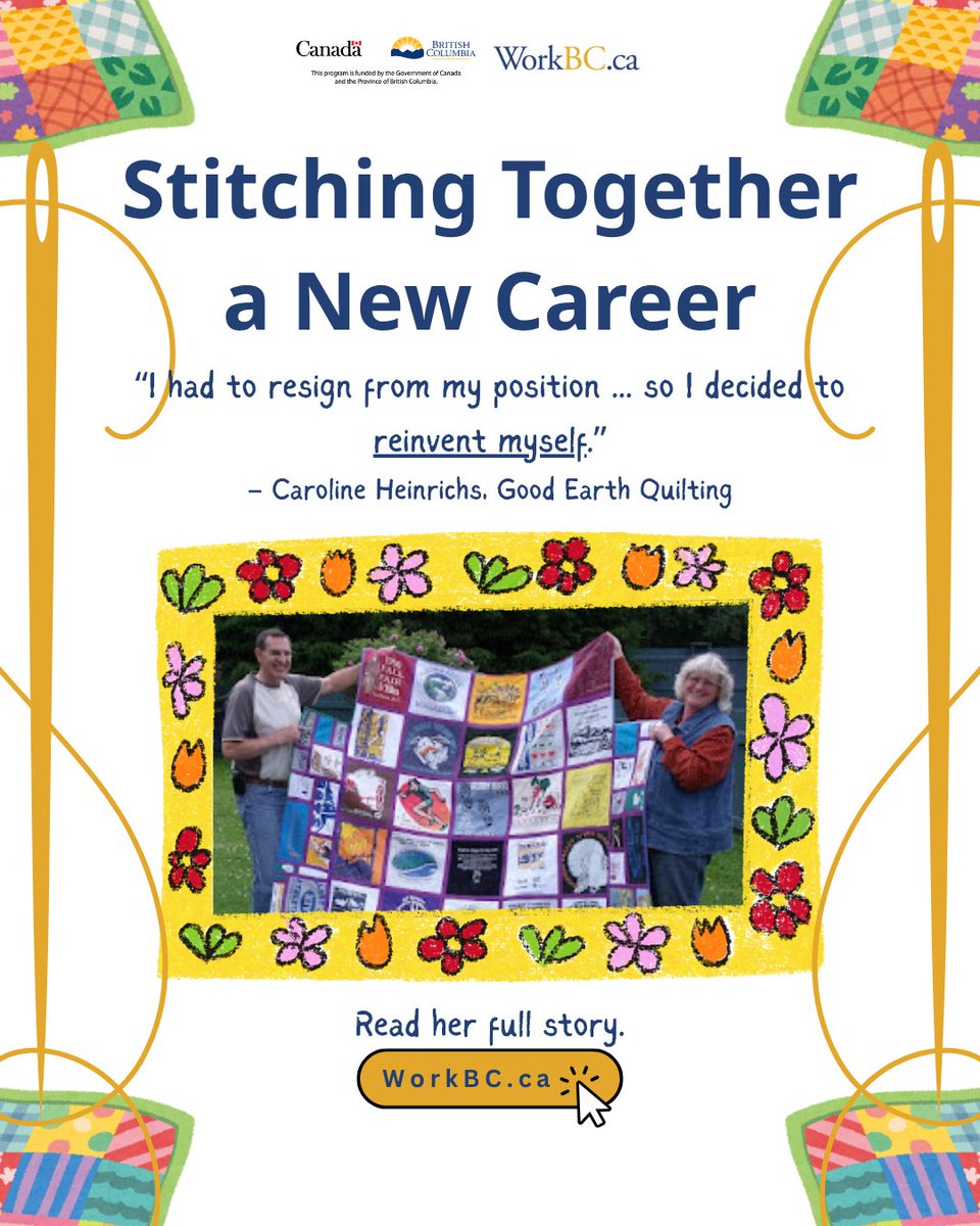 WorkBC's tweet photo. “I had to resign from my position … so I decided to reinvent myself.” 🧶

Meet Caroline, who turned a career setback into a quilting business.

Read her story📰: https://t.co/bBXSWV8u8l  

#WorkBC #SuccessStory #Quilting https://t.co/ldwEBDpnQP