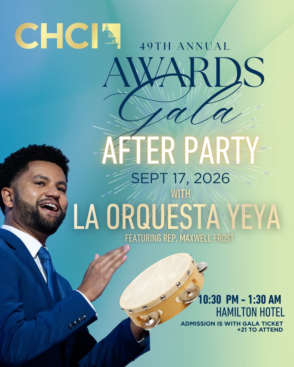 CHCI's tweet photo. Gala attendees are invited to close out the evening at our after-party, featuring a special performance by La Orquesta Yeya, the 10-piece salsa band featuring @MaxwellFrostFL! 
  
Register: https://t.co/1t28W3a8hd 
 
#CHCI #CHCIHHM #HispanicHeritageMonth https://t.co/OUWpaWy8yf