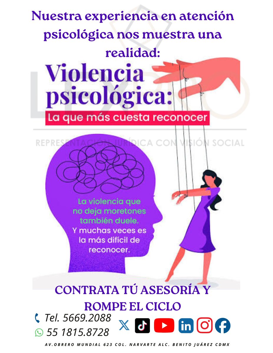 lexpromx's tweet photo. Nuestra experiencia en atención psicológica nos muestra una realidad:muchas personas viven violencia psicológica sin reconocerla. Identificarla es el primer paso para protegerte. En Lex Pro Humanitas acompañamos desde una perspectiva psicológica y jurídica.
#ViolenciaPsicológica https://t.co/pAGmudb9Yo