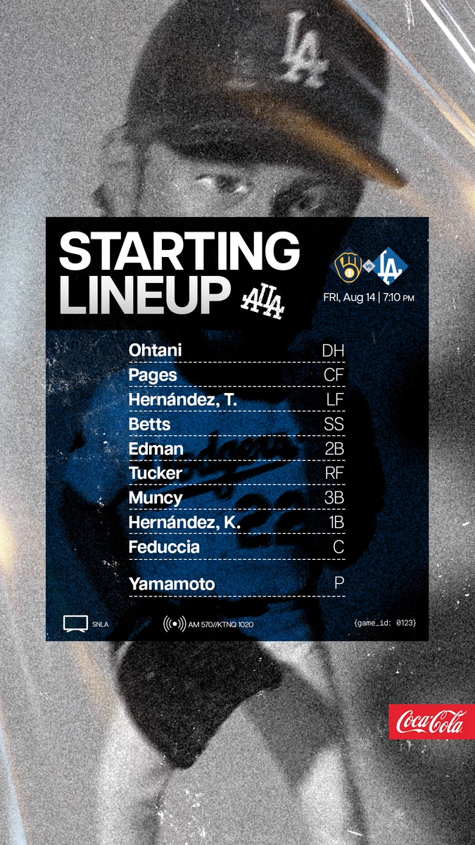 Tonight's #Dodgers lineup vs. Brewers:
Ohtani DH
Pages CF
Hernández, T. LF
Betts SS
Edman 2B
Tucker RF
Muncy 3B
Hernández, K. 1B
Feduccia C
Yamamoto P