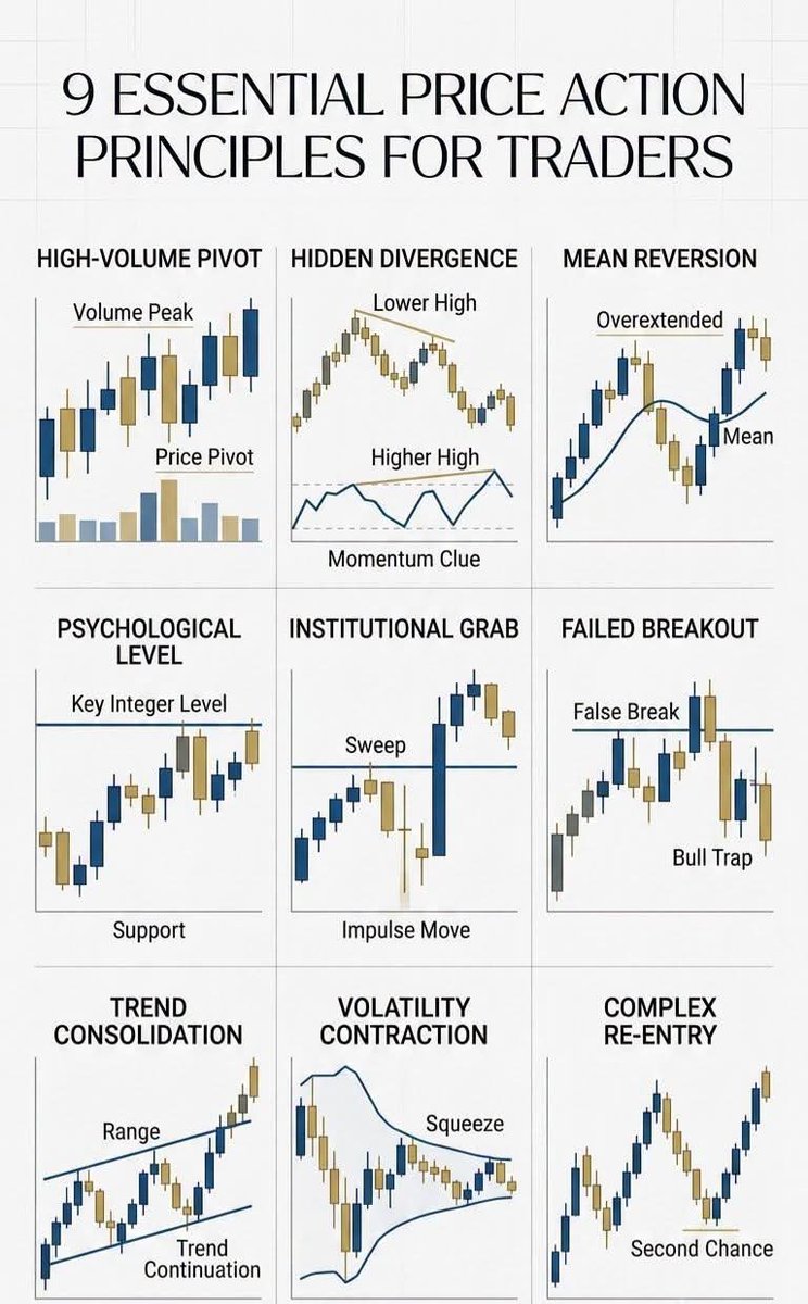 AndasonF85945's tweet photo. 9 PRICE ACTION PRINCIPLES 

LEVEL UP YOUR TRADING GAME!

Winning traders master high-volume pivots, spot hidden divergence, and exploit mean reversion to catch moves others miss.

Understand psychological levels, anticipate institutional grabs, and avoid traps with failed breakouts.

Stay sharp with trend consolidation, prepare for volatility contraction, and never miss a complex re-entry opportunity.

Price action is the language of the market, master these principles and trade with confidence.