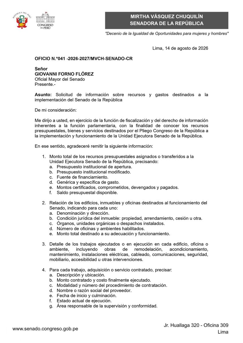 MirtyVas's tweet photo. Ante los evidentes problemas logísticos que han impedido el ejercicio de la labor parlamentaria y en aras de la transparencia, he solicitado al Oficial Mayor del Congreso, Giovanni Forno, que me remita información acerca de los recursos presupuestales y gastos destinados a la implementación y funcionamiento del Senado.