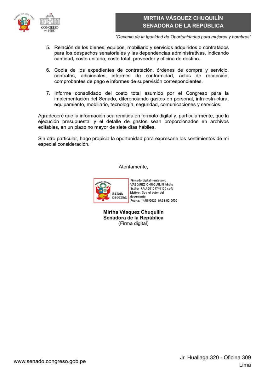 MirtyVas's tweet photo. Ante los evidentes problemas logísticos que han impedido el ejercicio de la labor parlamentaria y en aras de la transparencia, he solicitado al Oficial Mayor del Congreso, Giovanni Forno, que me remita información acerca de los recursos presupuestales y gastos destinados a la implementación y funcionamiento del Senado.
