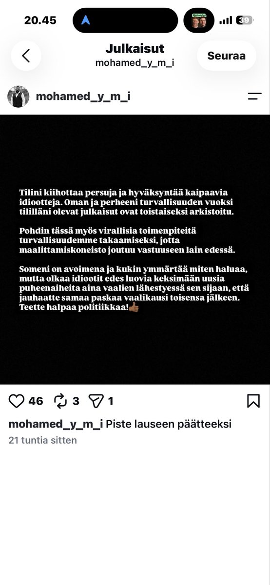 Jari_Kohonen's tweet photo. @kamaljafi @vasemmisto @LeftYouthFIN Sama tyyppi itki eilen Instagramissa, että häntä maalitetaan. Ja joku vassari toisaalla kommentoi, että ”kaikkea ne persut jaksavat kaivaa omaan rinkirunkkausryhmänsä kiihottamiseksi”. Eli tämä ei ilmeisesti ole ollenkaan paha asia, että oikeamielinen haikailee kansanmurhia 🙄 https://t.co/2WNlTdUWFm