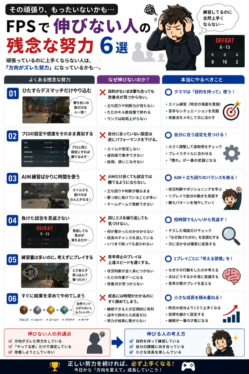 AperuAI_JP's tweet photo. 伸びない人の残念な努力🥲

頑張ってるのに結果が出ない時は、量より練習の向きがズレてることも多いよ！ https://t.co/KoQOpDicqL