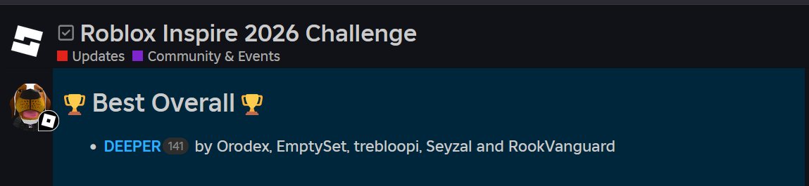 EmptySetRBLX's tweet photo. Our game DEEPER just won Best Overall at Roblox's Inspire Challenge 2026 game jam out of 450+ entries!

You can play it here: https://t.co/xNFinMmV4V

Congrats to the rest of the team: @RookVanguard @treblemation @Orodex1 @SeyzalDev 

#Roblox #InspireChallenge2026 https://t.co/v9YqavOLbs