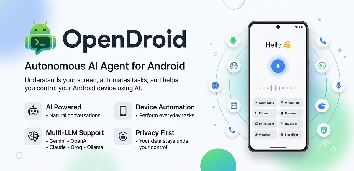 Yashab_cyber's tweet photo. 🤖 Introducing OpenDroid — an open-source autonomous AI agent for Android. Not a chatbot. An actual agent that: → Plans complex tasks step by step → Re-evaluates when things go wrong → Controls your entire phone → Supports 10 LLMs (Claude, GPT, Gemini, Ollama...) → Remembers everything across sessions "Send WhatsApp to dad, book a cab, set a reminder" One command. Done. Early alpha — bugs exist, contributors welcome 🛠️ ⭐ GitHub: https://t.co/ps6u1KJi3K