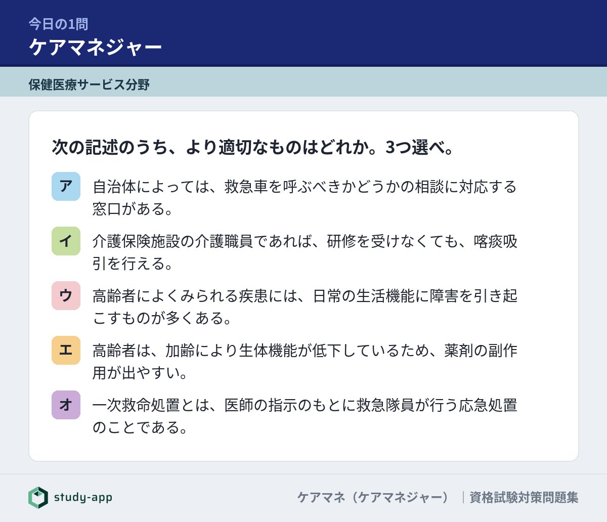 STUDY__APP's tweet photo. 【ケアマネジャー】今日の過去問
さて、どれが正解でしょうか。

▼答え合わせと解説はこちら
https://t.co/1JWAEOmFau

#ケアマネジャー #ケアマネ #勉強垢 https://t.co/QR0fEzTFcb