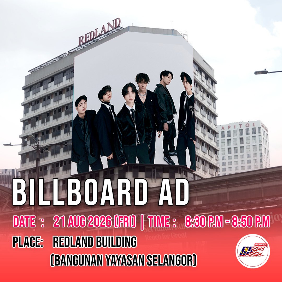 MYiKONICS's tweet photo. 【📢 CONCERT PROJECT: BILLBOARD AD 】

​Our concert billboard project will be playing live on Friday night! 🙌

​🗓️ 21 AUG 2026 (FRI)
⏰ 8:30 PM - 8:50 PM
​📍 Redland Building (Bangunan Yayasan Selangor)

​Come by, take videos, &amp; share them. Tag us also 📸✨

#iKON #iKONinKL https://t.co/N1Q3hI9gcW