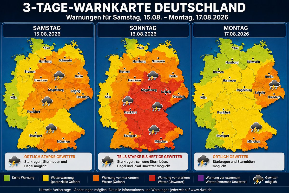 TeamFeuerchris's tweet photo. ⛈️ 3-TAGE-WETTERTREND: GEWITTER RÜCKEN IN DEN FOKUS 🇩🇪

Nach der Hitze wird die Wetterlage in Deutschland zunehmend unbeständiger.

📅 SAMSTAG | 15.08.
🔥 Zunächst noch heiß
⛈️ Im Tagesverlauf regional Gewitter
🌧️ Lokal Starkregen, kräftige Böen und Hagel möglich
📅 SONNTAG | 16.08.
⛈️ Weiterhin wechselhaft mit Schauern und Gewittern
⚠️ Einzelne kräftige Entwicklungen sind möglich
🌡️ Nicht mehr überall so heiß wie zuvor
📅 MONTAG | 17.08.
🌦️ Wechselhafter und etwas kühler
⛈️ Regional weiterhin Schauer und Gewitter möglich
🌤️ Dazwischen auch längere trockene Abschnitte
⚠️ Hinweis: Wo genau kräftige Gewitter auftreten, lässt sich noch nicht überall sicher eingrenzen. Die Warnlage kann sich kurzfristig ändern.
🔄 Wir behalten die Entwicklung im Blick und informieren bei wichtigen Änderungen.

#Wetter #Deutschlands  #Gewitter #unwetter