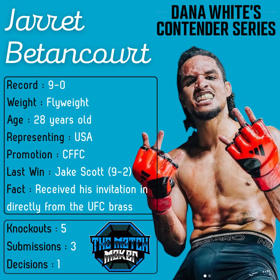 MMA__Matchmaker's tweet photo. 🚨NEW DWCS FIGHTER🚨
Per the @CFFCMMA broadcast, 🇺🇸Jarret Betancourt (9-0) just received his DWCS call-up eventside at #CFFC159 after his beautiful TKO win tonight.
By my count, only space remaining is on week 10, but TBC.
#MMA #DWCS #UFC https://t.co/9HuLFQkMaM