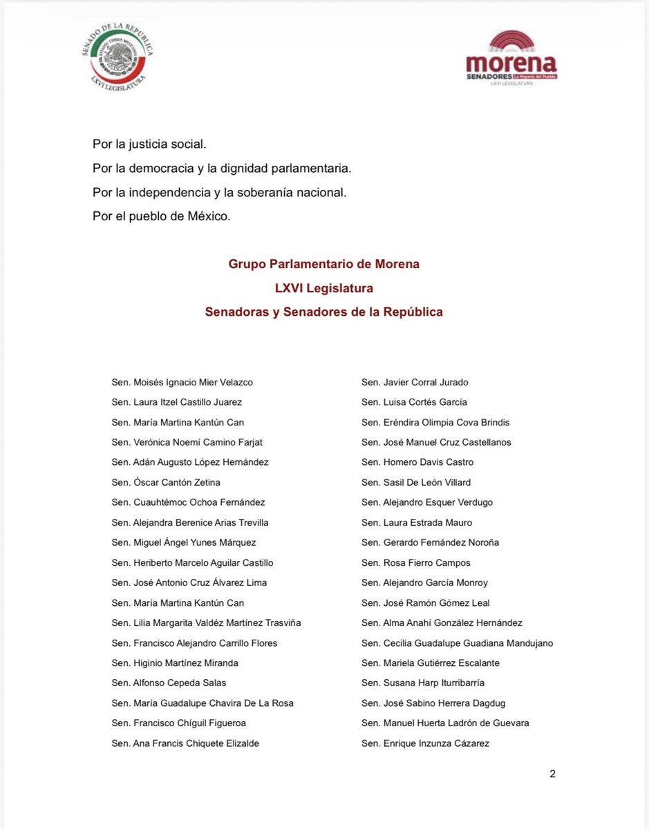 MorenaSenadores's tweet photo. Posicionamiento de las y los senadores de Morena frente a las presiones, amenazas y campañas de desinformación. Reafirmamos que México es y seguirá siendo un país libre, independiente y soberano.

A los traidores a la Patria siempre los juzgará la Historia. https://t.co/GikBOFKDCm