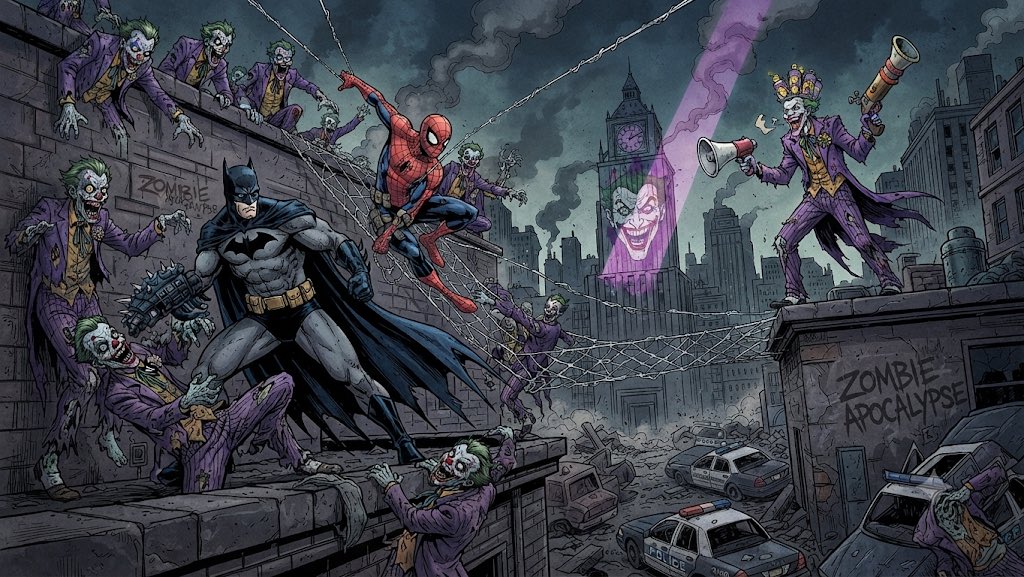 matt_91X's tweet photo. #Ai #AiArt #Spiderman #Joker #Batman #Zombies #Apocalypse #GothamCity #DC #Comicbook #ZombieApocalypse #Webs #SpiderWebs #Spider #Fear #Brains #King #Ruling https://t.co/VkbGrwO2Ih