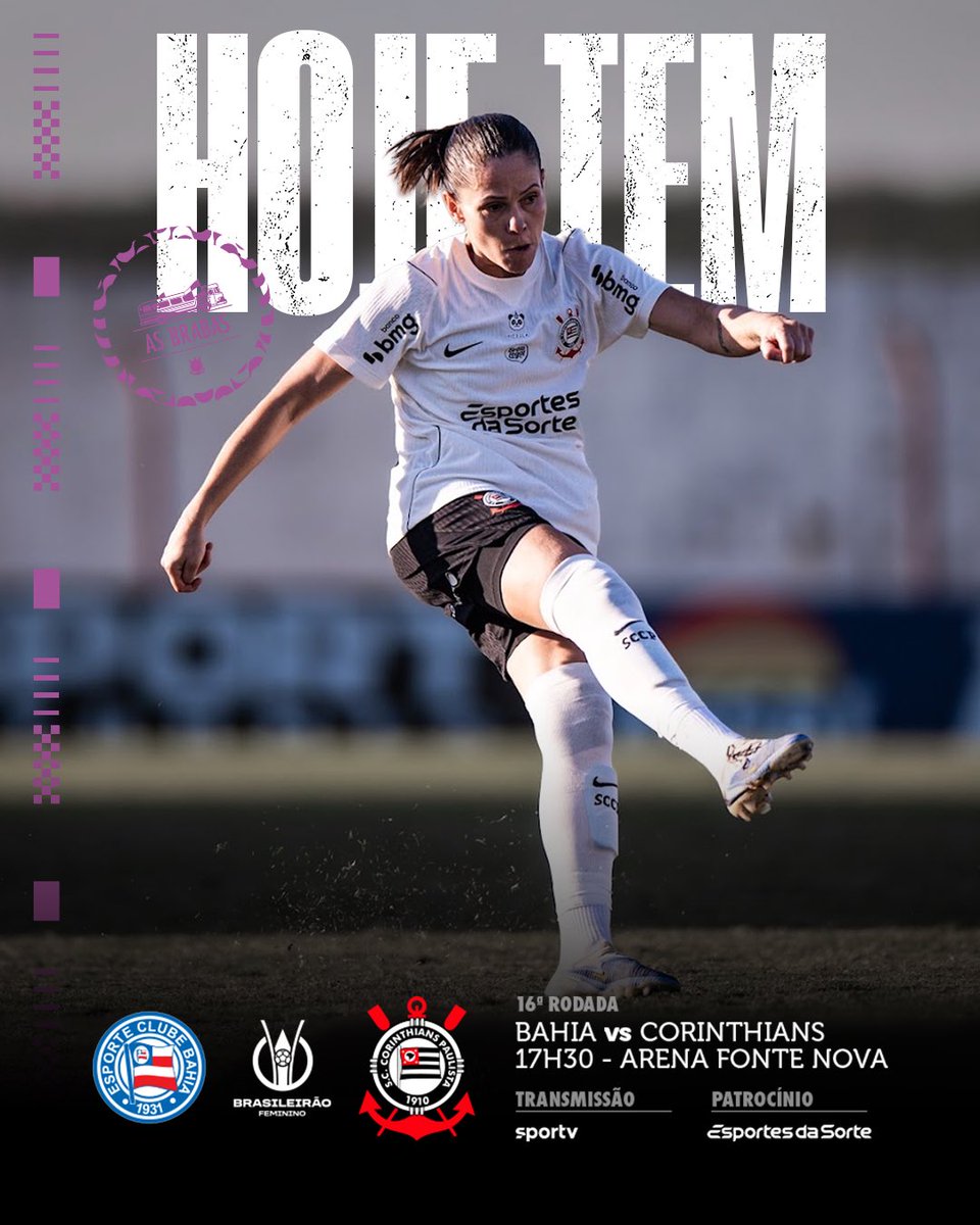 asbrabas's tweet photo. Hoje tem #AsBrabas pelo Brasileirão Feminino pela 16ª rodada da competição! 🖤🤍💜

⚽ Bahia x Corinthians
🏆 Brasileirão Feminino (16ª rodada)
⏰ 17h30 (horário de Brasília)
🏟️ Arena Fonte Nova 
📺 SporTV 

#EDS
#BAHxSCCP
#VaiCorinthians https://t.co/ynAUhdf5f3