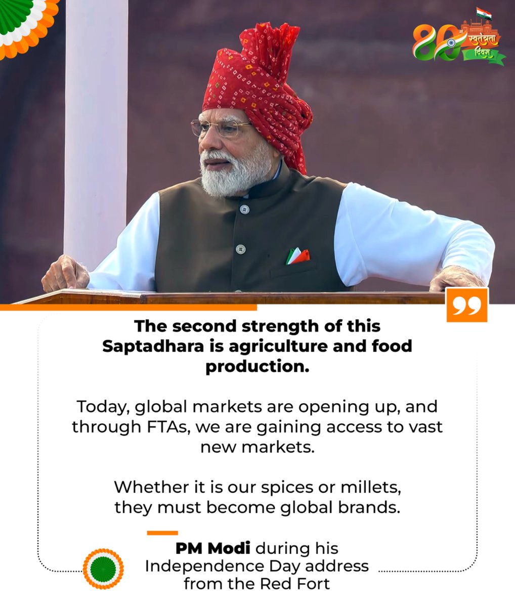 BJP4India's tweet photo. The second strength of this Saptadhara is agriculture and food production.

Today, global markets are opening up, and through FTAs, we are gaining access to vast new markets.

Whether it is our spices or millets, they must become global brands.

- PM @narendramodi

#IndiaIndependenceDay