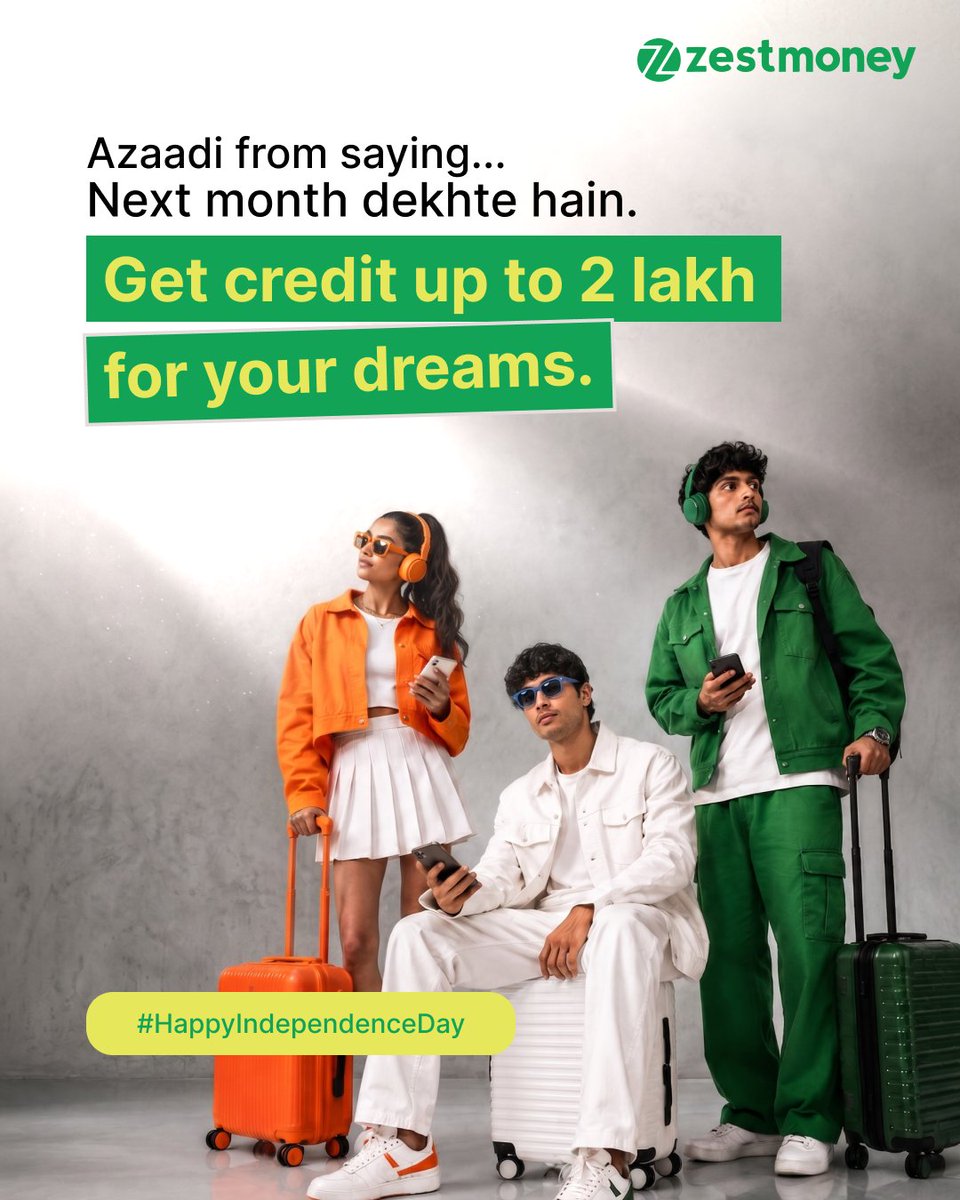 ZestMoney's tweet photo. Azaadi from "Abhi rehne do."
Azaadi from "Next month dekhenge."💚

This Independence Day, make room for your dreams – not excuses.

Download the ZestMoney App: https://t.co/gJGwkPbQFv

Adjust Nahi, Zest Karo.💚

#HappyIndependenceDay #ZestMoney #EasyEMIs #DreamBig https://t.co/ByXakW9Amo