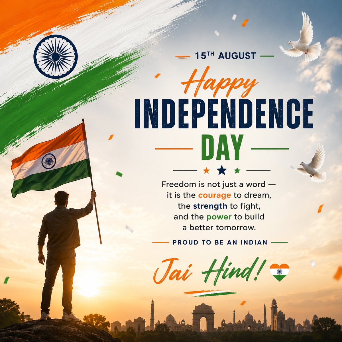 dpdinesh82's tweet photo. 🇮🇳 Happy Independence Day, India! ❤️

Freedom is not just a word — it is the courage to dream, the strength to fight, and the power to build a better tomorrow.

Jai Hind! 🇮🇳❤️‍🔥

#HappyIndependenceDay #IndependenceDay #15August #JaiHind #ProudIndian https://t.co/MgLP19c7PY