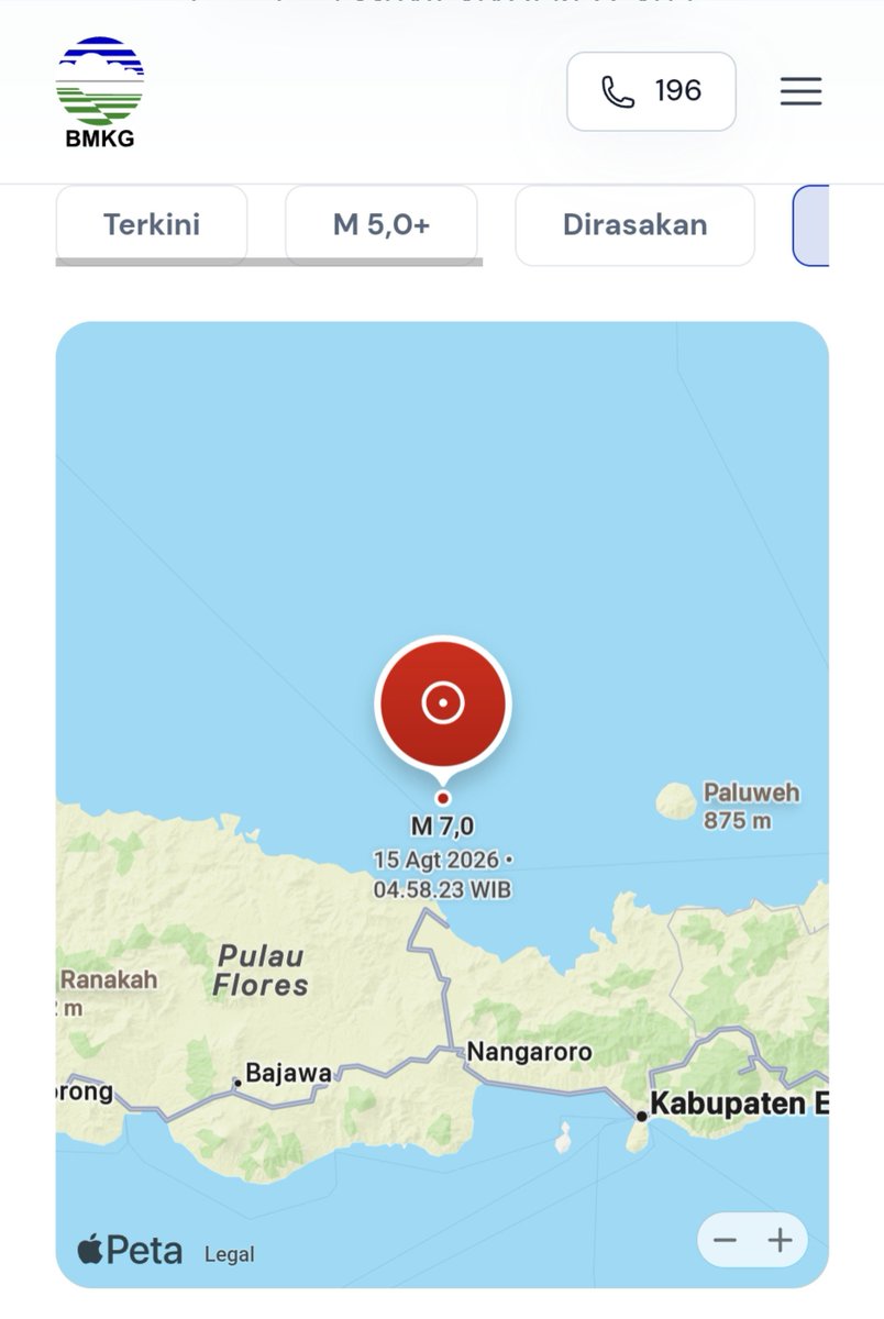 Teumey44's tweet photo. Pray for NTT 🥀

Hari Sabtu, 15 Agustus 2026, pukul 04:58:23 WIB wilayah Flores, Nusa Tenggara timur diguncang gempa bumi tektonik. Hasil analisis BMKG menunjukkan gempa bumi ini memiliki parameter update dengan magnitudo M7,7 pada kedalaman 15 km. Episenter gempa bumi terletak pada koordinat 8,41° LS; 121,39° BT, atau tepatnya berlokasi di laut pada jarak 30 Km arah timur laut Nagegeo, Nusa Tenggara Timur.

Semoga saudara-saudara kita di sana senantiasa diberi perlindungan dan keselamatan, serta semoga tidak terjadi #Gempa susulan. Aamiin 🙏🏻