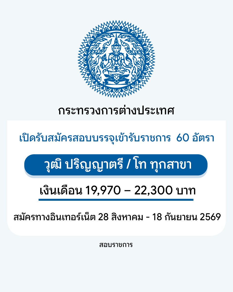 jop_online's tweet photo. กระทรวงการต่างประเทศ เปิดรับสมัครสอบเข้ารับราชการ ปริญญาตรี / โท ทุกสาขา 60 อัตรา สมัครทางอินเทอร์เน็ต 28 สิงหาคม - 18 กันยายน 2569 
อ่านต่อ : https://t.co/pLCQYrzO7d https://t.co/GKccLuq2z7