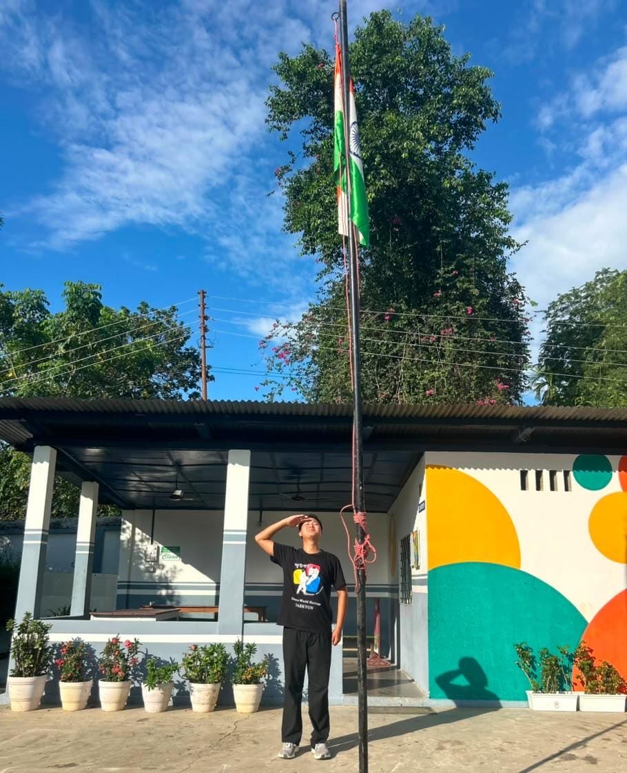 NssTetso's tweet photo. With pride in their hearts and the Tricolour held high, the Tetso NSS Volunteers joined the nationwide Har Ghar Tiranga campaign through the “Selfie with Tiranga” initiative, reaffirming their spirit of patriotism and collective commitment to the nation. 🇮🇳 https://t.co/woSNrE3cxr