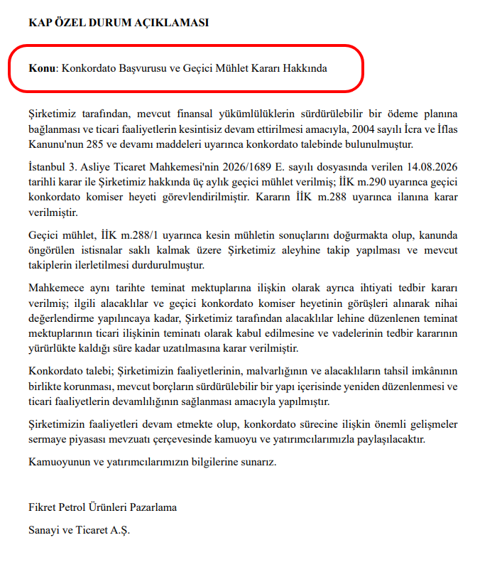 Gercek_Borsaci's tweet photo. #FKPET 🚨 Sermaye piyasasında ödenemeyen kira sertifikaları var olan Fikret Petrol A.Ş. konkordatoya gitti ve 3 aylık geçici mühlet aldı.
Çeşitli fonlarda bu şirkete ait kira sertifikaları yer almaktadır. Haliyle temerrüt hali oluştuğu için fonlar TSPB yönergesine uygun olarak karşılık ayırmak zorundalar. Fondaki ağırlık derecesine bağlı olarak fon fiyatına ne derece negatif etkisi olur ve/veya olmaz, ayrıca incelemek gerekir.
Her zaman bunları yazıyorum, en risksiz görülen PPF'lerin içerisinde bile bunlar çıkabiliyor. Geçmişte de oldu, ileride de karşımıza çıkacak. Yatırım yaptığınız fonlar ne kadar büyük ise olası bu tip negatif durumlardan o kadar az etkilenirsiniz!