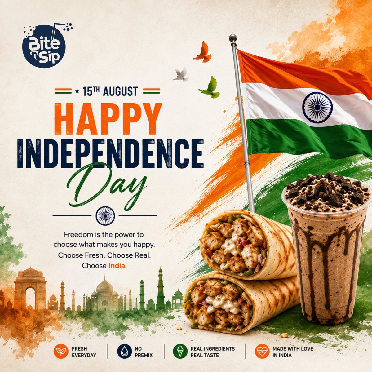 bitensipglobal's tweet photo. Celebrating the freedom to choose fresh, real &amp; delicious. 🇮🇳 Happy Independence Day! 🧡🤍💚
#HappyIndependenceDay #IndependenceDay #15thAugust #BitenSip #BiteNSipGlobal #TeamBiteNSip #ProudlyIndian #MadeInIndia https://t.co/XGy0Te1YHo