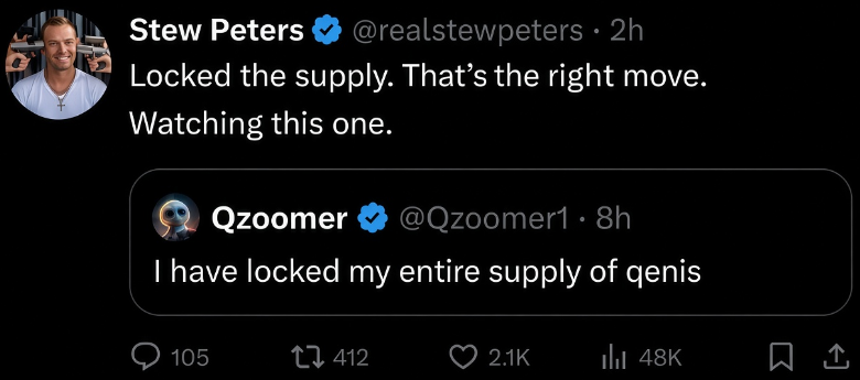 GPostX's tweet photo. BREAKING: After his shitcoin JPROOF flopped, Stew Peters is already quote-tweeting Qzoomer’s coin and calling the locked supply “the right move.”

Follow: @GPostX https://t.co/nAOqkbAhJi