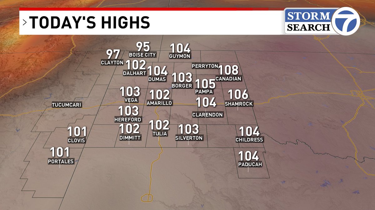 CVenableWx's tweet photo. Another hot day in the Panhandles…Amarillo is up to day 26 of hitting 100-degree temperatures. The average? Just five days annually. We're about to secure the #3 position. 2024 is #2 with 36 days. 2011 is #1, with 50 days of 100-degree heat! Let's avoid that if possible. https://t.co/bVZ9xs3hNV