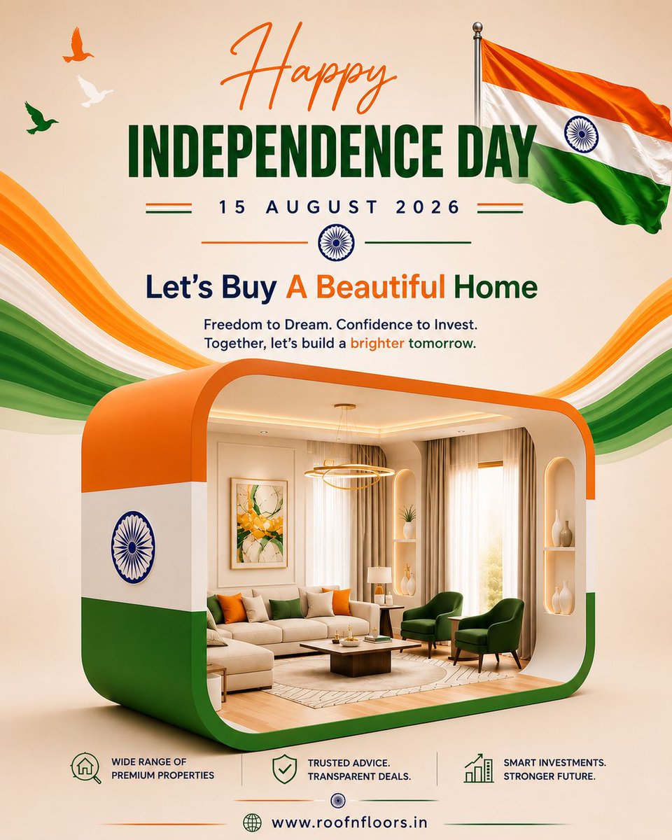 roofnfloors's tweet photo. ✨ This Independence Day, celebrate the freedom to dream, invest &amp; own your perfect home. 🏡

Discover premium properties in Gurgaon with Roof N Floors. 🤝📈

Dream Big. Invest Smart. Live Better.

#IndependenceDay #GurgaonRealEstate #RealEstateInvestment #GurgaonProperty https://t.co/YTOFnbDTsh