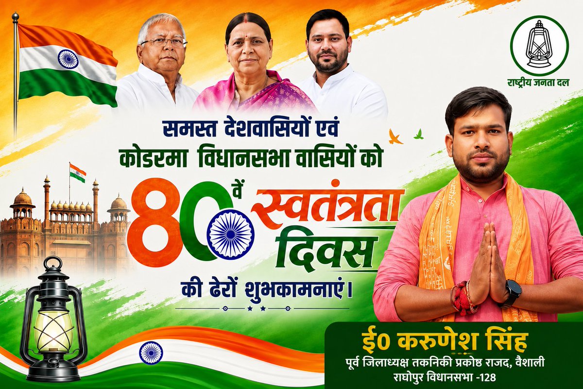 Roy_official196's tweet photo. 🇮🇳 स्वतंत्रता दिवस की हार्दिक शुभकामनाएँ 🇮🇳

15 अगस्त के पावन अवसर पर समस्त देशवासियों एवं बिहारवासियों को स्वतंत्रता दिवस की ढेरों सारी शुभकामनाएँ। 
आइए, आज हम उन सभी वीर स्वतंत्रता सेनानियों और शहीदों को नमन करें, जिनके त्याग और बलिदान से हमें आज़ादी मिली।
@laluprasadrjd https://t.co/GdZSWcScFz