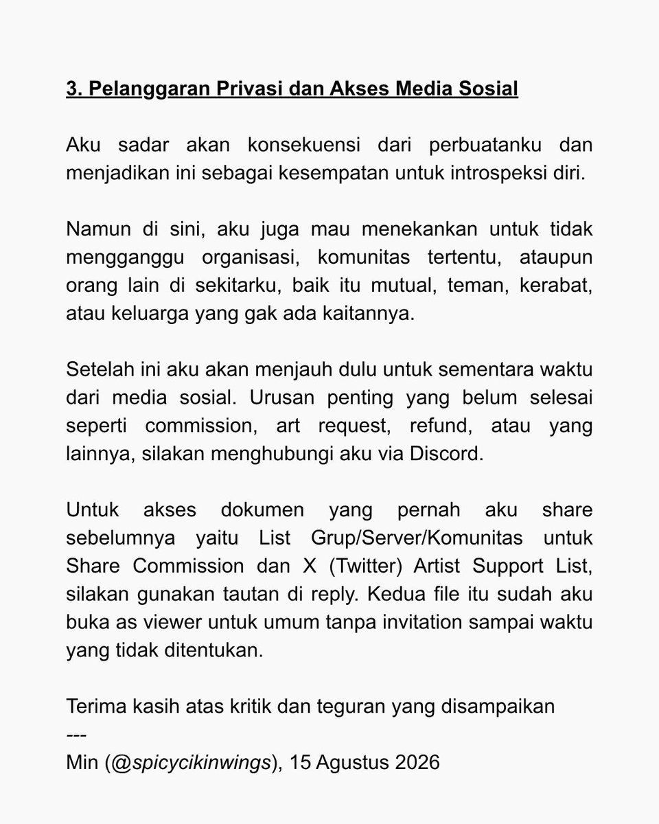 spicycikinwings's tweet photo. Halo. Sebelumnya, mohon maaf atas kegaduhan dan ketidaknyamanan yang terjadi dalam beberapa hari terakhir.

Melalui post ini, ada beberapa hal yang mau aku sampaikan. https://t.co/RDqraEVLtM