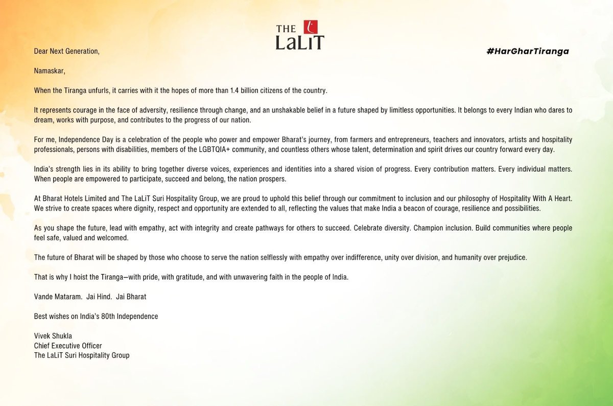 TheLalitGroup's tweet photo. A symbol of our courage, our unity and our hopes for tomorrow.

This Independence Day, we celebrate the spirit of Bharat — a nation shaped by diverse voices, shared dreams and countless individuals who contribute to its journey every day.

As part of #HarGharTiranga, we come together with pride and gratitude, carrying forward a simple belief: when we celebrate inclusion, empathy and unity, we build a stronger India.

One Tiranga. One spirit. One India. 🇮🇳

@ficci_india

#HarGharTiranga #HarGharTiranga2026 #TheLaLiT #HospitalityWithAHeart
