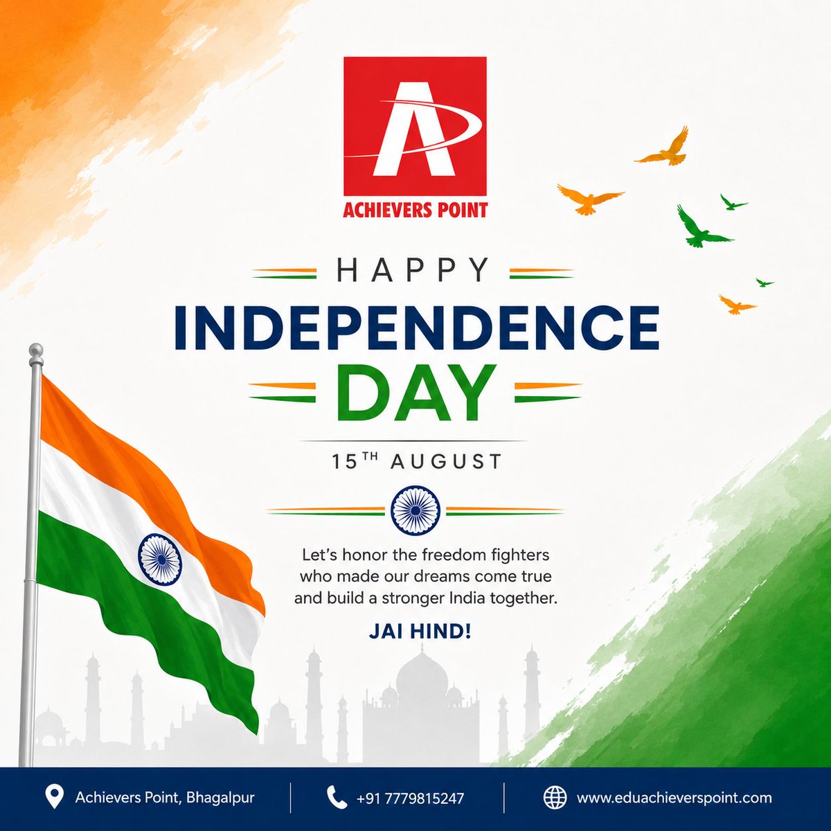 EAchieversPoint's tweet photo. The freedom we celebrate today was built on the sacrifices of countless brave hearts. 🇮🇳
Let us honour their legacy by becoming responsible citizens and empowering our youth to create a brighter, stronger, &amp;  more progressive India.
Wishing everyone a very Happy Independence Day. https://t.co/VjS8Bii04d