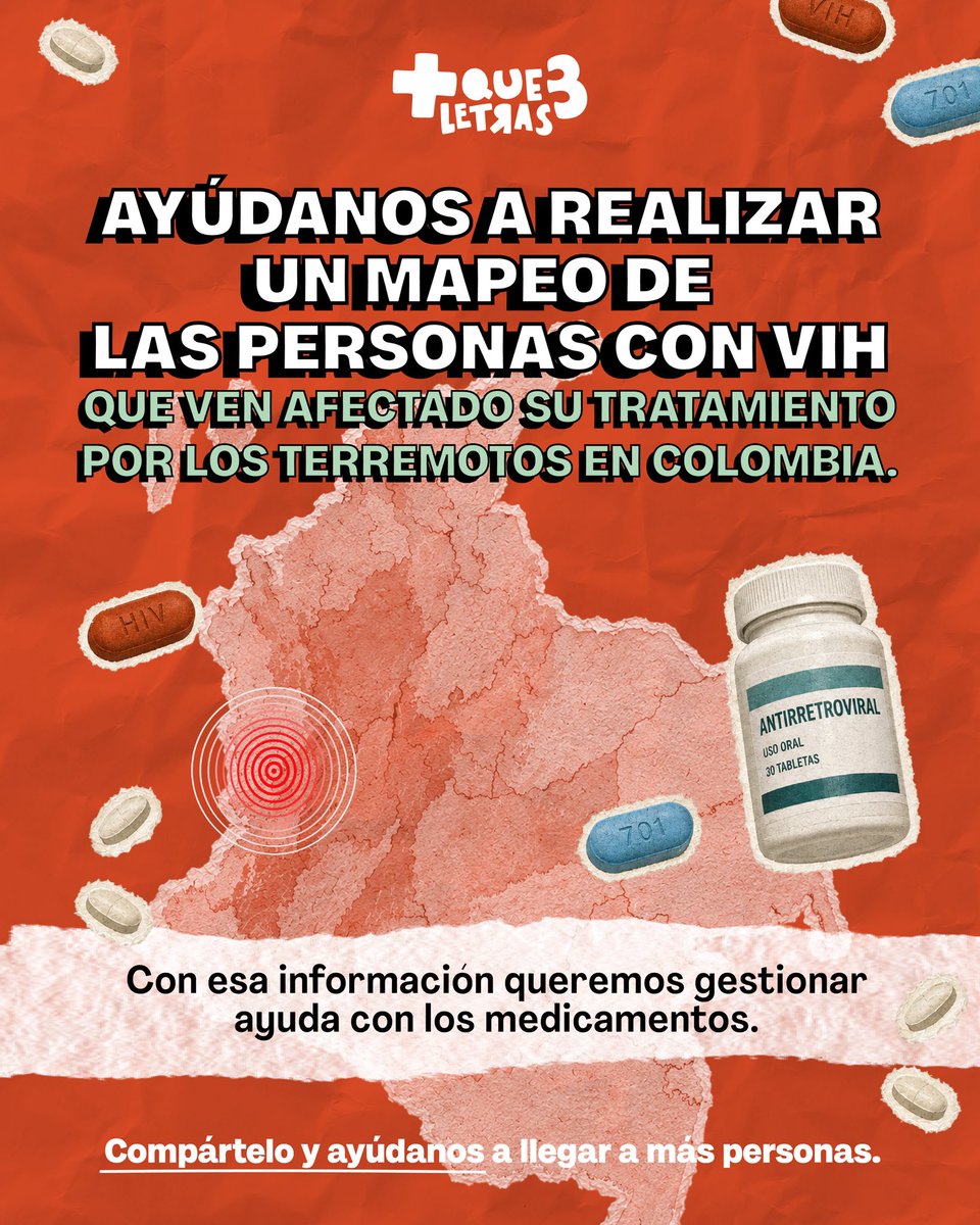 MiguelAngelopez's tweet photo. Ayuda difundir 🚨 

Estamos realizando un mapeo de las personas con #VIH que ven afectado su tratamiento por los #terremotos en Colombia. 

Con esta info estamos gestionando si es posible conseguir el tratamiento con sector público o cooperación.

Aquí 👉🏼 https://t.co/x1yHpMwZWA https://t.co/TaPOSpLcot