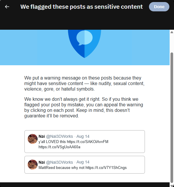 Nai3DWorks's tweet photo. also you can't even appeal if they get it wrong because the url doesn't fucking work https://t.co/osyVZXoppT
