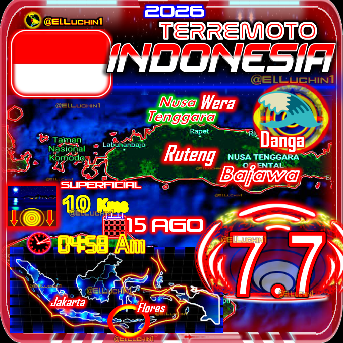 elluchin1's tweet photo. 🇮🇩Alerta⚠️🛐 de Tsunami 🌊 en Danga por
Megaterremoto➡🔴 7.7⚡USGS 
Nussa Tenggara Timor Oriental
Litoral Norte Mar de Flores Sea
#Terremoto Indonesia 🇮🇩
SUPERFICIAL🔰
Sentido en Bajawa Gempa Gempabumi
#Temblor #Sismo Chin Rios https://t.co/P0FZwnoUfL