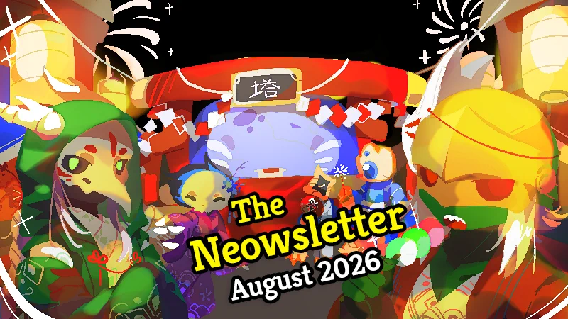 The August 2026 Neowsletter cover featuring Neow and the Slayers at a festival in festive attire.