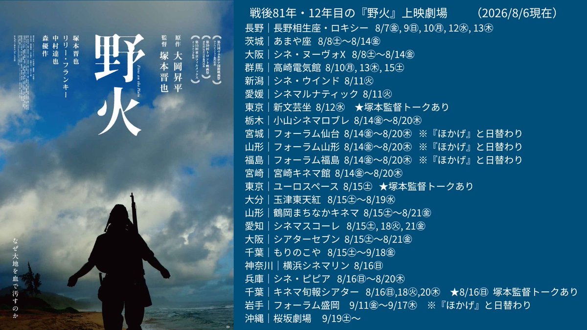 tsukamoto_shiny's tweet photo. 本日終戦記念日から『野火』上映館数多くなっております。
ぜひ劇場で体感くださいませ。 https://t.co/nNZ1iFeyc9