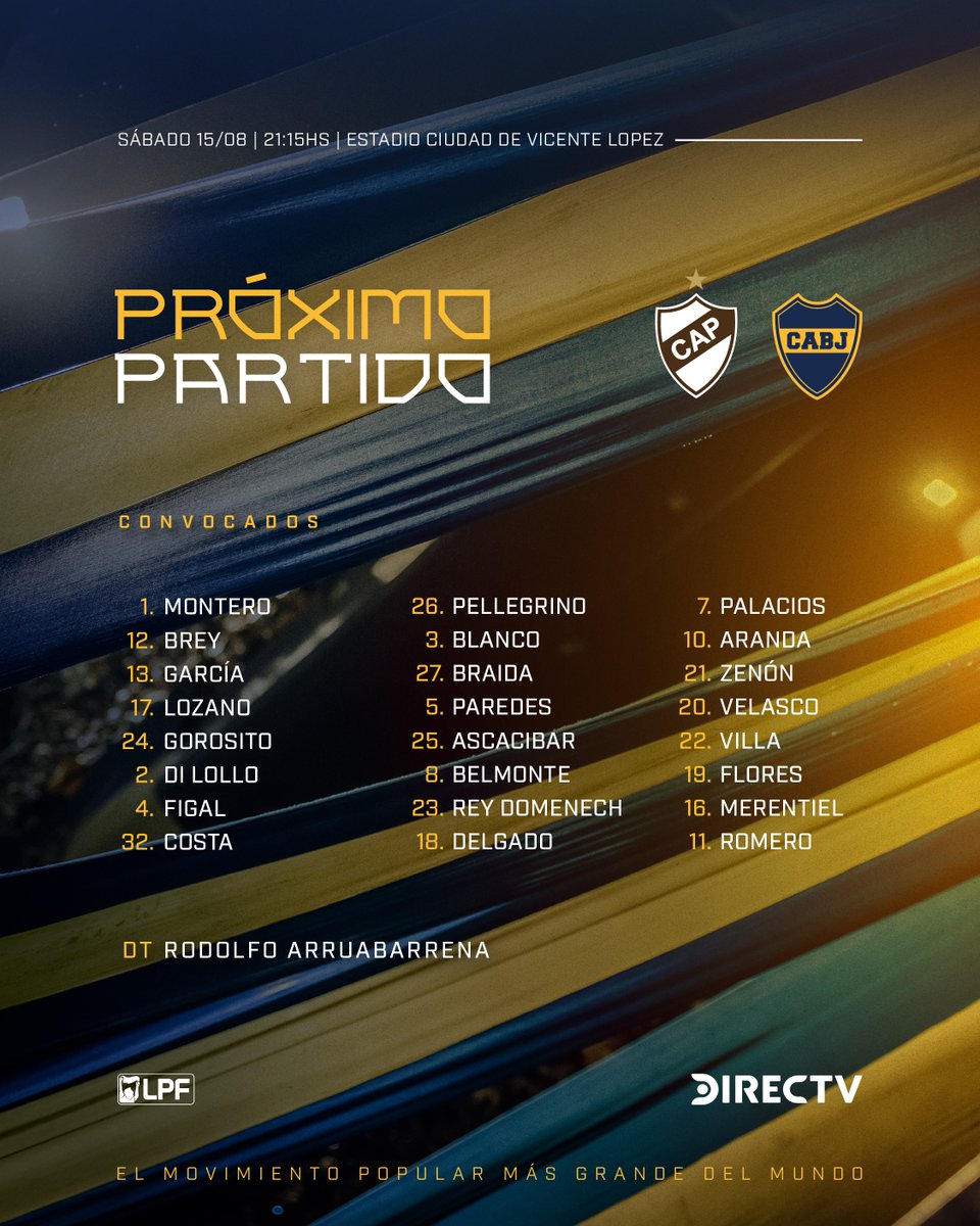 BocaJrsOficial's tweet photo. 🔜 ¡𝗣𝗥𝗢́𝗫𝗜𝗠𝗢 𝗣𝗔𝗥𝗧𝗜𝗗𝗢!

⚽ #Clausura2026 
🆚 Platense
🗓️ Sábado 15/08
🕙 21:15
🏟️ Estadio Ciudad de Vicente Lopez
💻 @elcanaldeboca

#DaleBoca 🔵🟡🔵 https://t.co/NrFpsAtFvy