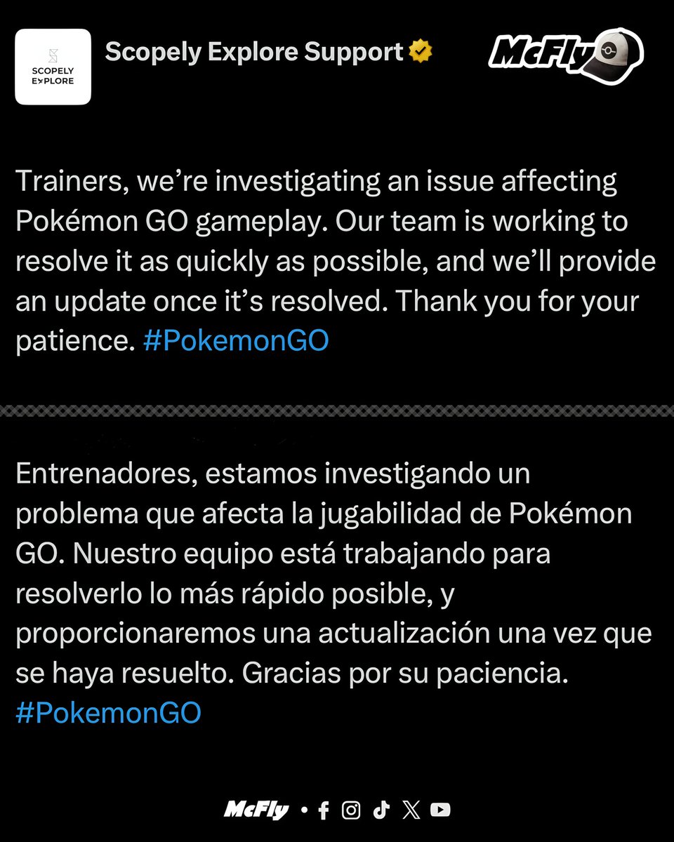 McFlypogo's tweet photo. Scopely se pronuncia por el error en Pokémon GO

Muchos, o quizá todos, no pueden ingresar al juego desde hace unas horas. Scopely se pronunció diciendo que están trabajando para resolverlo. Fin. 🤨

Solo nos queda esperar y rezar. 🙏😂

¿Qué creen que está pasando en realidad?

#McFly #PokemonGO