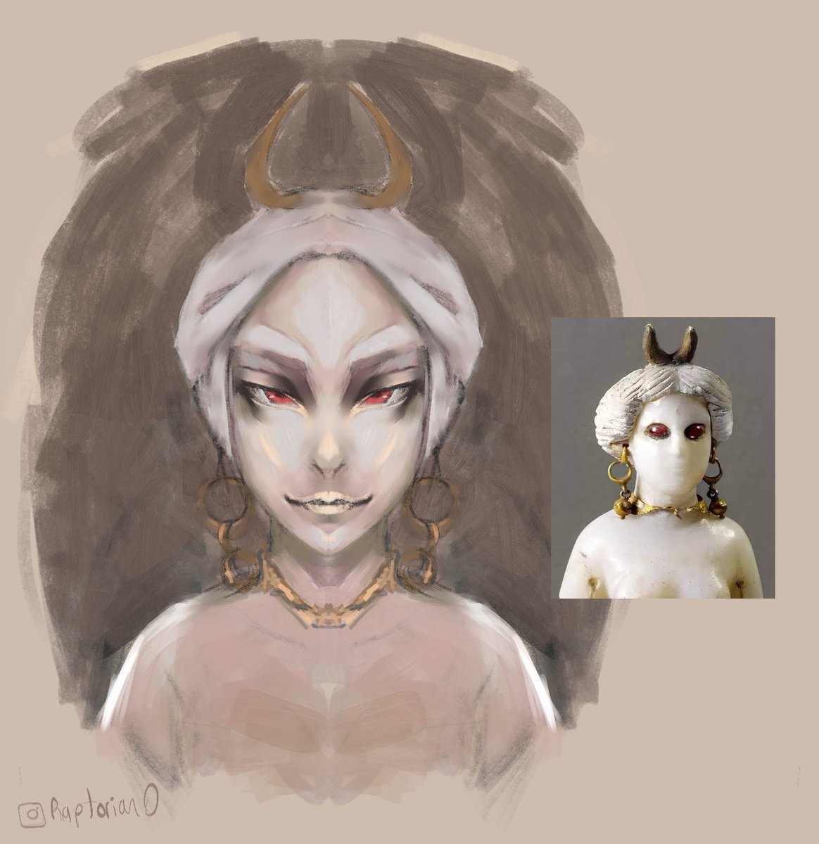 Raptorian0's tweet photo. Ancient Mesopotamian figurines already look like character designs.

So I painted one.

Inanna / Ishtar study. https://t.co/vTLxuvELRJ
