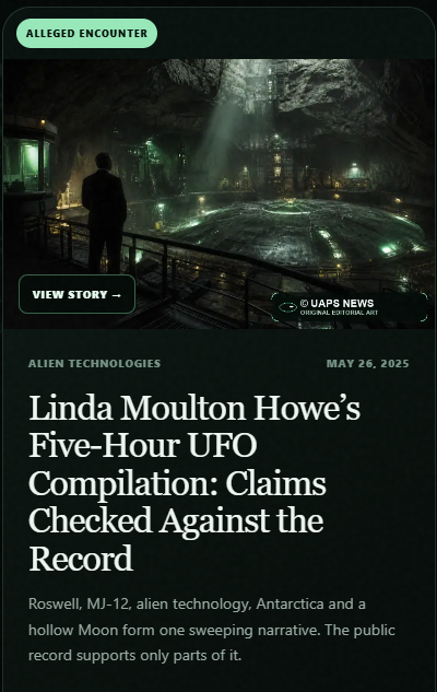 UapsNews's tweet photo. Linda Moulton Howe’s Five-Hour UFO Compilation: Claims Checked Against the Record
We compare a five-hour Linda Moulton Howe UFO compilation with official Roswell, MJ-12, cattle-death, AARO and Apollo records.

https://t.co/yt1q6TCBjk

#disclosure #ufo #ufos #uaps #uapsnews https://t.co/uEEMvlLfUZ
