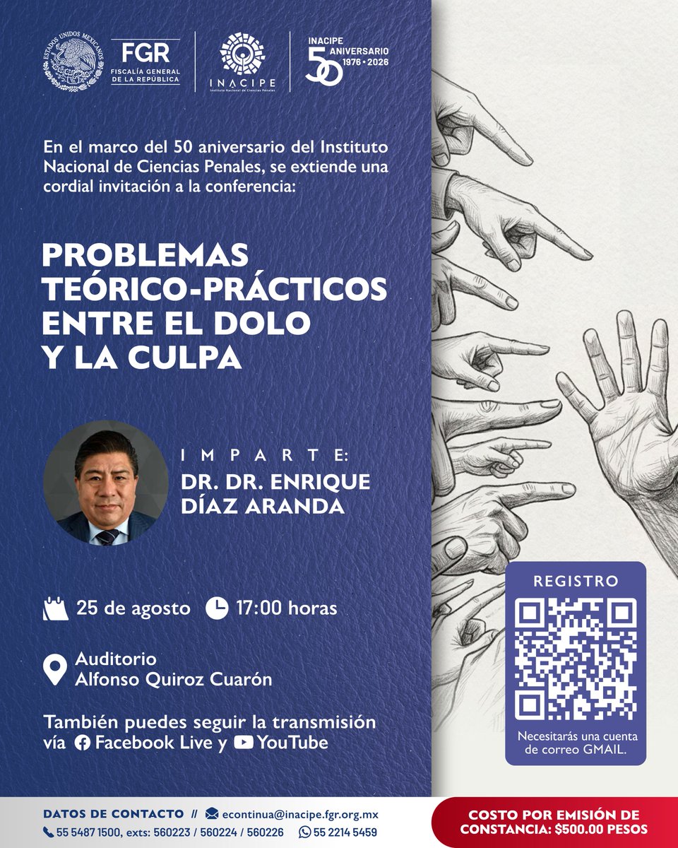 INACIPE's tweet photo. Te invitamos a la conferencia "Problemas teórico-prácticos entre el dolo y la culpa", 🙌 impartida por el reconocido Dr. Dr. Enrique Díaz Aranda. Acompáñanos este 25 de agosto a las 17:00 h en el Auditorio Alfonso Quiroz Cuarón o sigue la transmisión en vivo por Fb Live.  😉 https://t.co/mwGSx62WbB