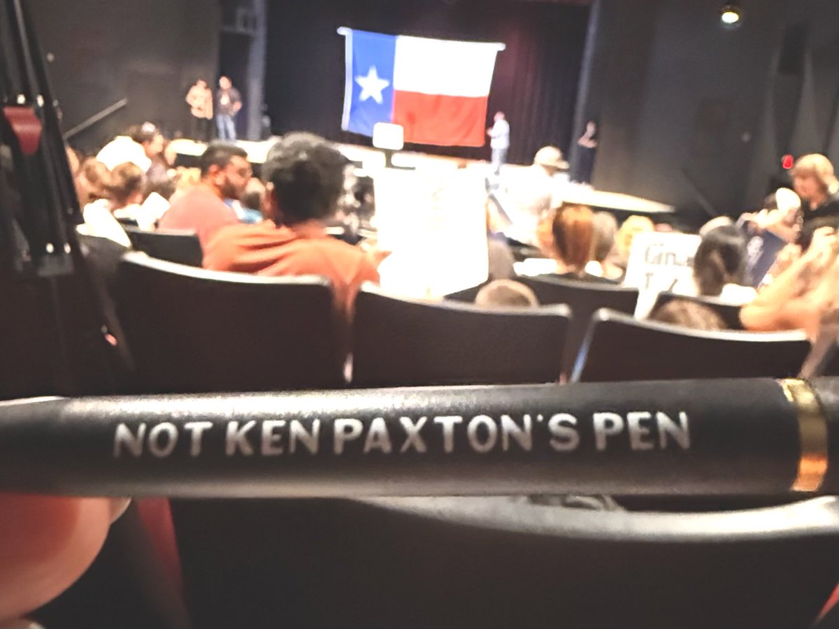 natashakorecki's tweet photo. At Talarico-Hinojosa rally tonight:
“Not Ken Paxton’s pen.” https://t.co/6xojRnSRnZ